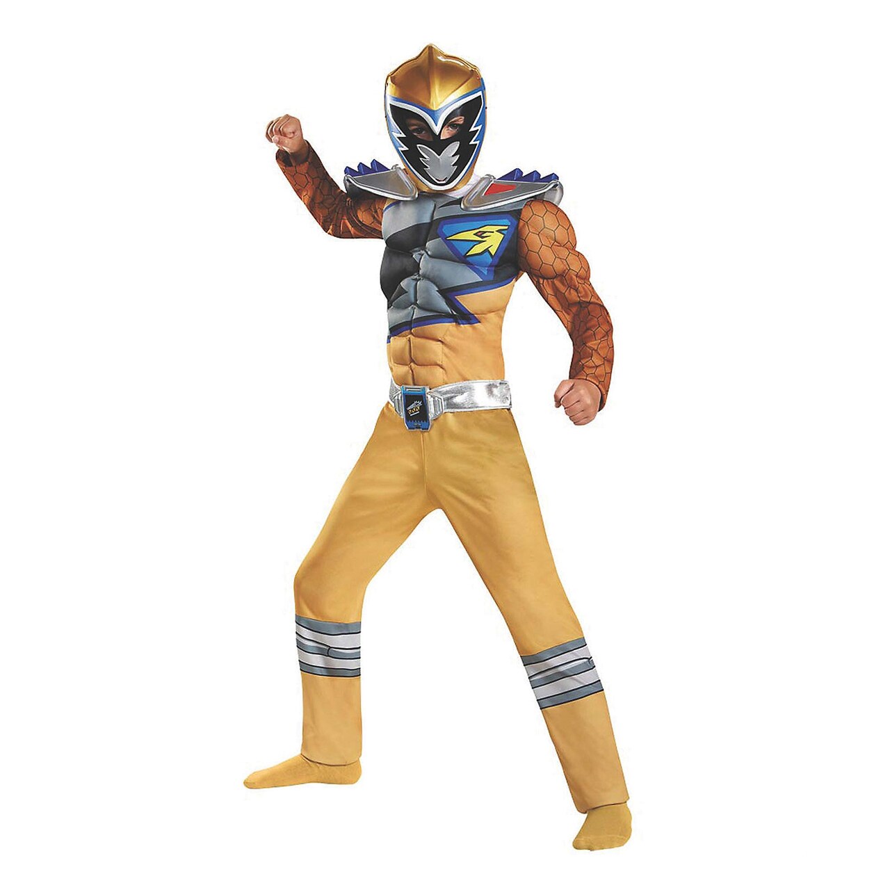 Boys Deluxe Gold Power Rangers Dino Charge Muscle Costume Jumpsuit with Mask and Belt